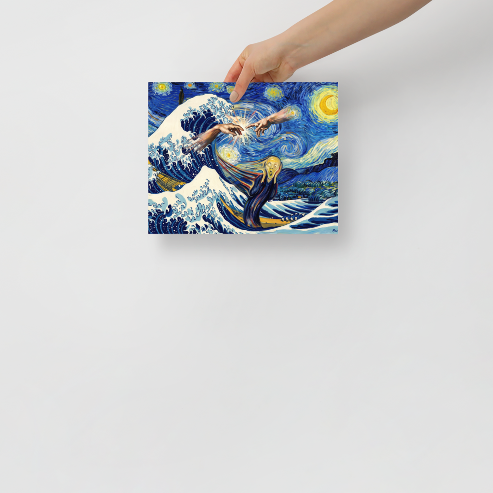 Surreal art mashup poster combining Van Gogh's Starry Night sky, Hokusai's Great Wave, Creation of Adam hands, and Munch's Scream figure, ideal for living room wall art. A Post-Impressionism art print titled 'Cosmic Collision of Masterpieces'.