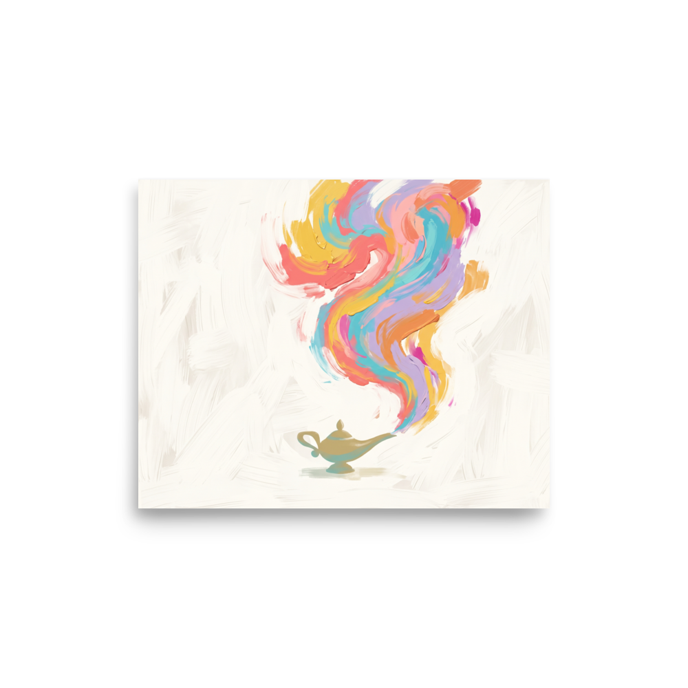 A minimalist painting of a brass genie lamp releasing colorful smoke in a living room on a neutral backdrop. A Abstract art art print titled 'Genie's Release'.