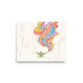 A minimalist painting of a brass genie lamp releasing colorful smoke in a living room on a neutral backdrop. A Abstract art art print titled 'Genie's Release'.