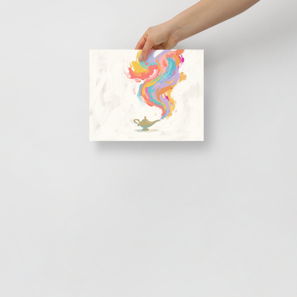 'Genie's Release', Abstract art wall art in coral and turquoise. A minimalist painting of a brass genie lamp releasing colorful smoke in a living room on a neutral backdrop.