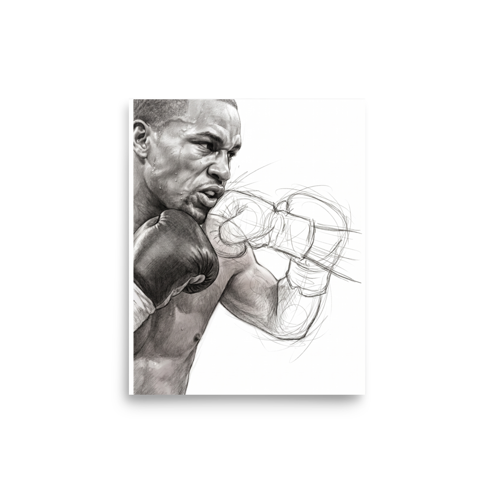'Kinetic Punch', Realism wall art in gray and black. Dynamic graphite pencil sketch of a boxer mid-punch with sweat detail, perfect wall art for a gym or man cave.