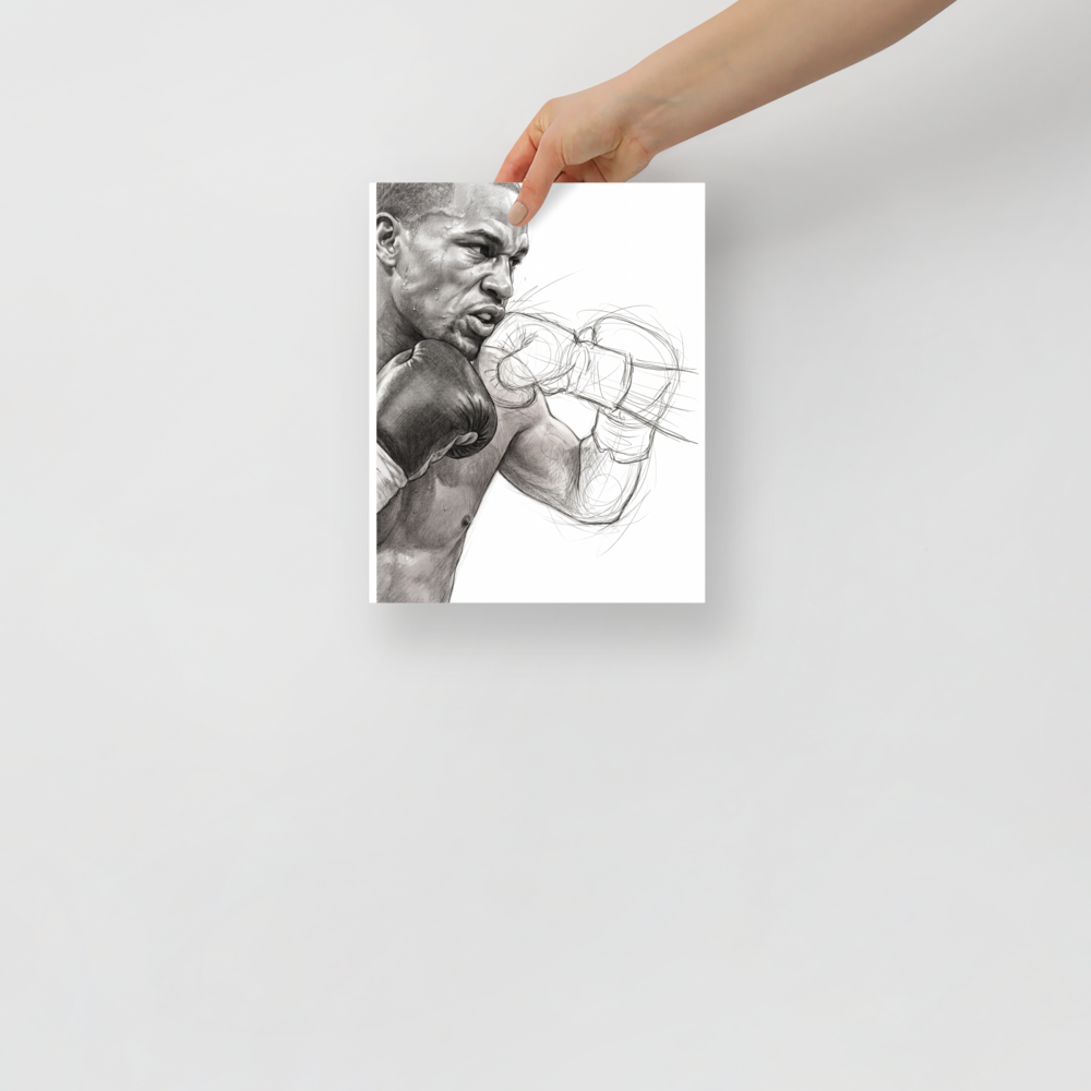 Wall art print 'Kinetic Punch' in a Realism style. Dynamic graphite pencil sketch of a boxer mid-punch with sweat detail, perfect wall art for a gym or man cave.