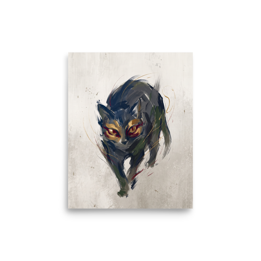 'Eyes of Bastet' by Meron. Expressive artwork of a shadowy mythological black cat with piercing golden eyes for a hallway or bedroom wall. A Expressionism wall art print.