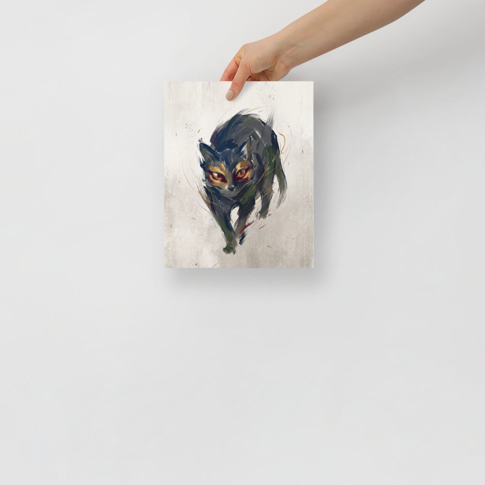 Expressive artwork of a shadowy mythological black cat with piercing golden eyes for a hallway or bedroom wall. Available as the Expressionism art print 'Eyes of Bastet'.