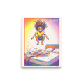A vibrant illustration of a child jumping high off a bed titled The Apex, ideal for playroom wall art. A Pop art art print titled 'The Apex'.