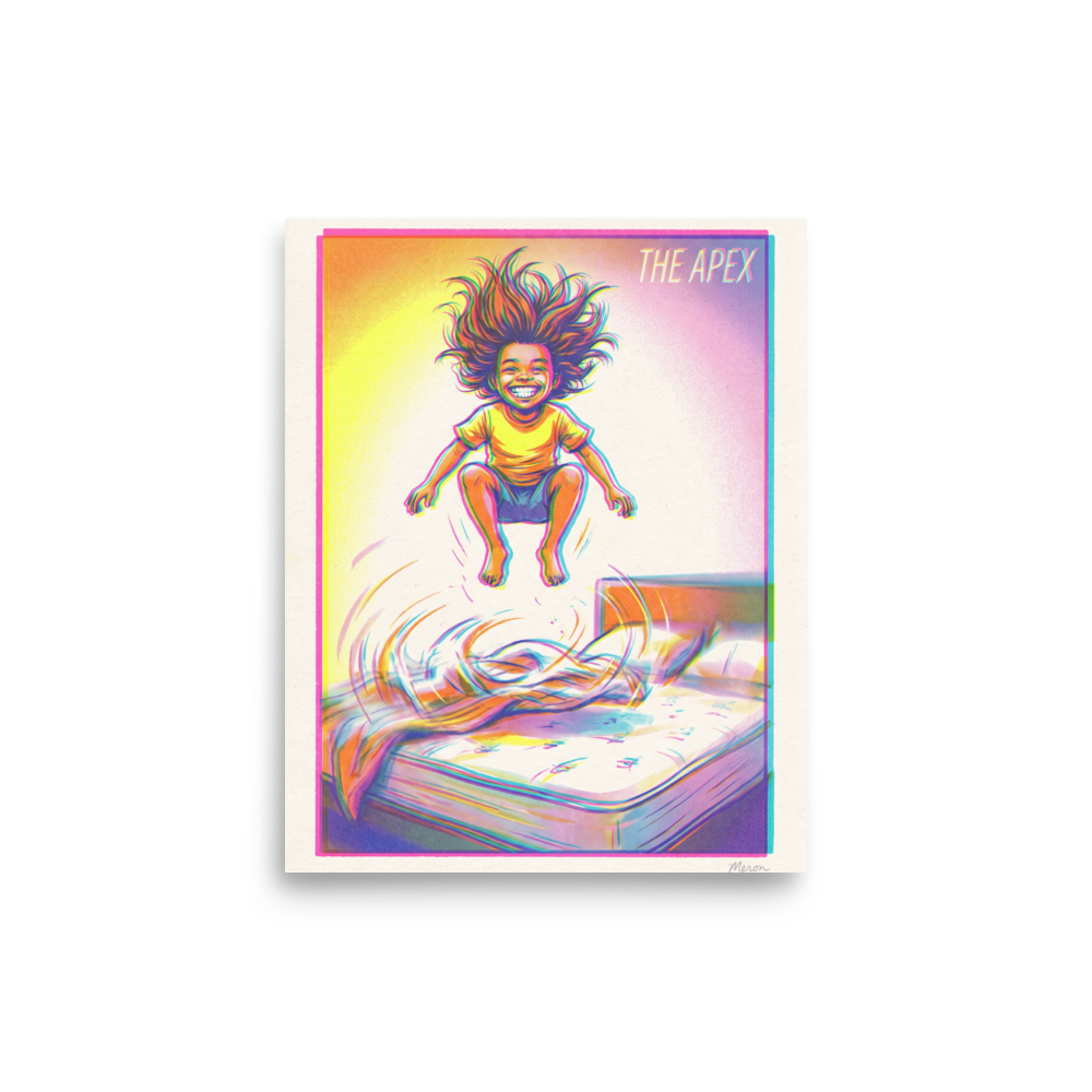 A vibrant illustration of a child jumping high off a bed titled The Apex, ideal for playroom wall art. A Pop art art print titled 'The Apex'.