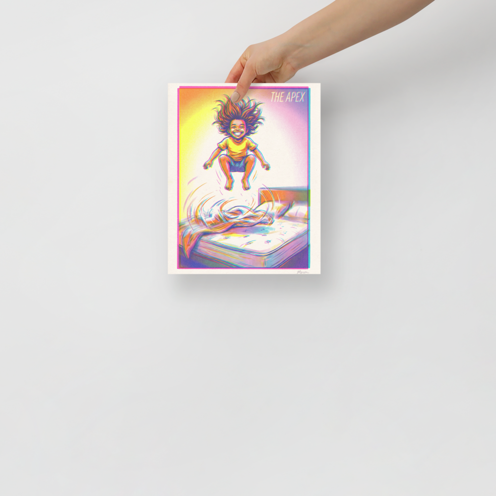The Pop art print 'The Apex'. A vibrant illustration of a child jumping high off a bed titled The Apex, ideal for playroom wall art.