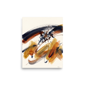 An abstract watercolor composition with sweeping ochre and navy ink strokes against a textured cream background in a living room. A Abstract art print with a watercolor painting look, titled 'Sienna Momentum'.