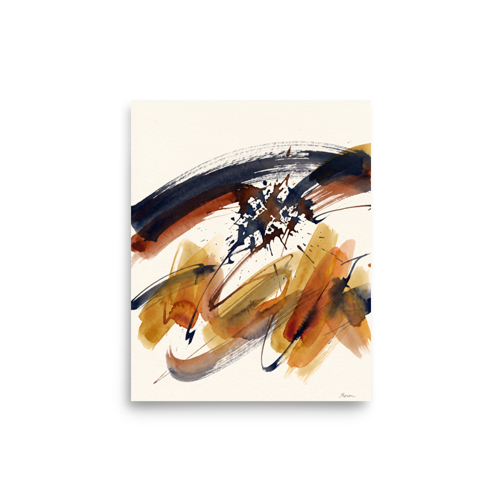 An abstract watercolor composition with sweeping ochre and navy ink strokes against a textured cream background in a living room. A Abstract art print with a watercolor painting look, titled 'Sienna Momentum'.