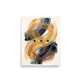 Abstract expressionism wall art for the dining room, 'Orbital Equilibrium'. Fluid gold and navy watercolor brushstrokes with concentric geometric lines surrounding three black nodes in a dining room wall art piece.
