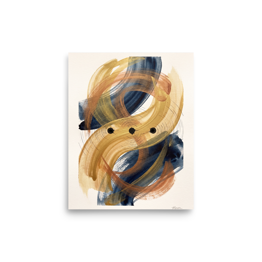 Abstract expressionism wall art for the dining room, 'Orbital Equilibrium'. Fluid gold and navy watercolor brushstrokes with concentric geometric lines surrounding three black nodes in a dining room wall art piece.