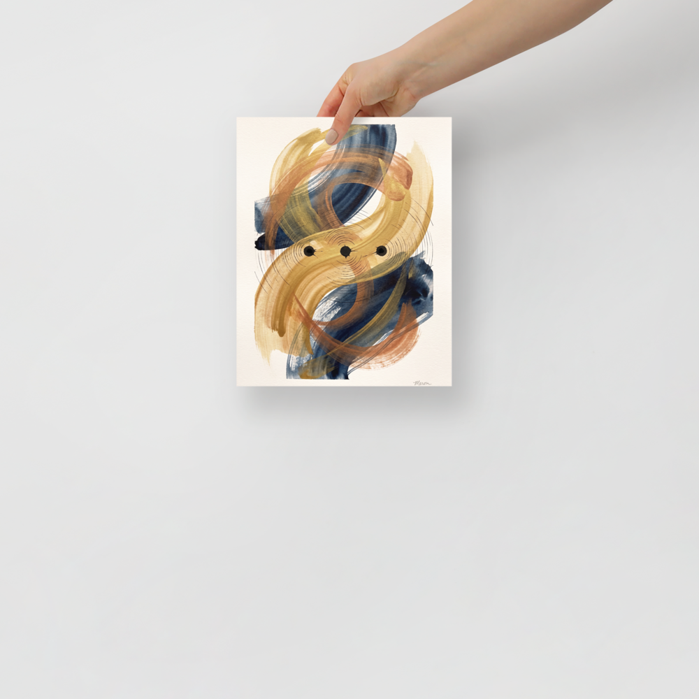 'Orbital Equilibrium', Abstract expressionism wall art in gold and navy. Fluid gold and navy watercolor brushstrokes with concentric geometric lines surrounding three black nodes in a dining room wall art piece.