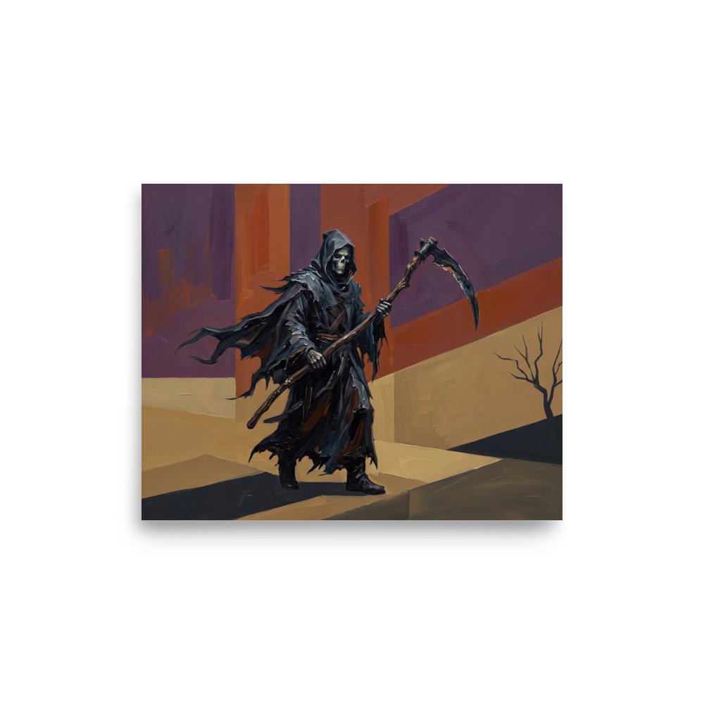 'Passage of the Reaper', a Expressionism wall art print. An expressive oil painting of the Grim Reaper with a scythe in a dark academia hallway wall art design.