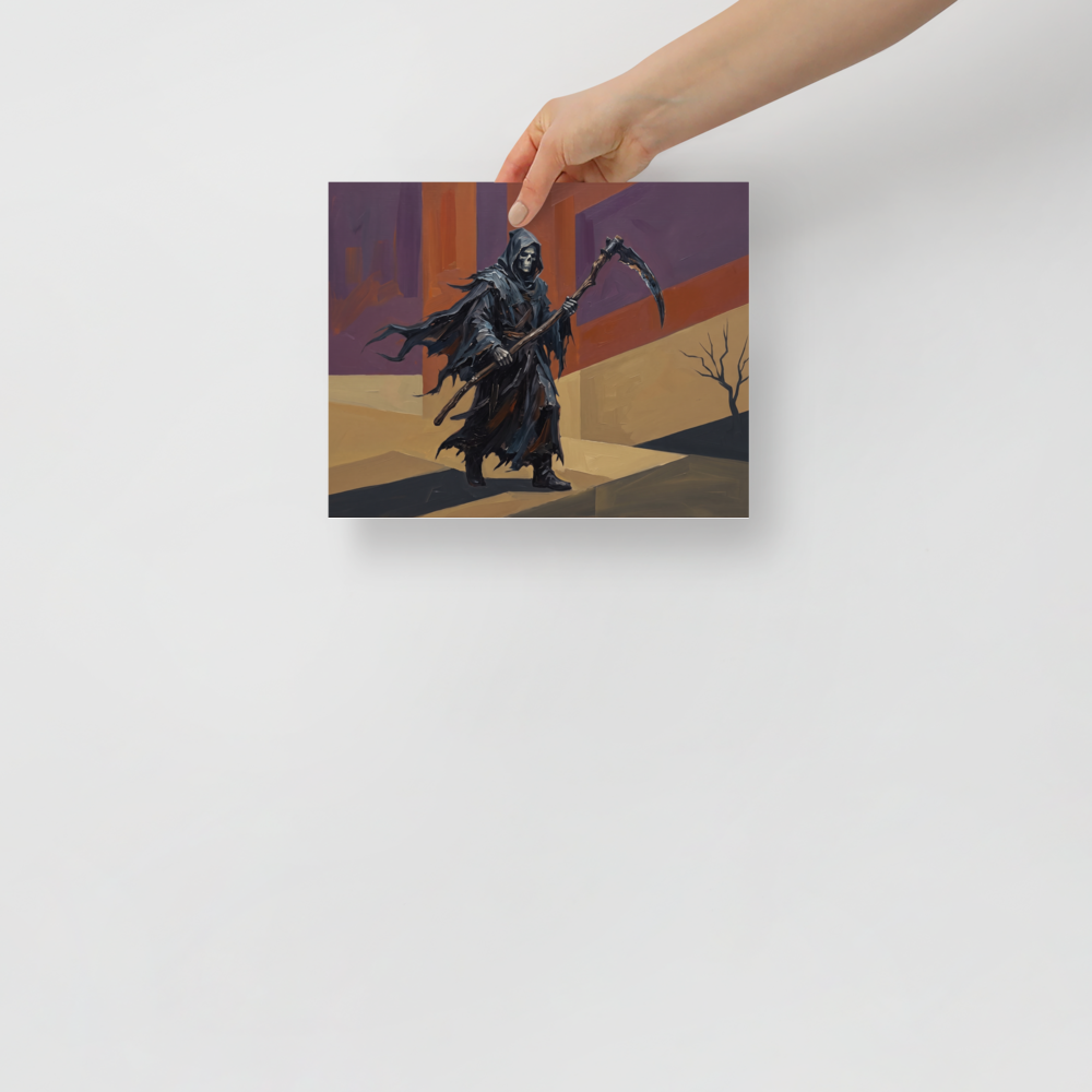 'Passage of the Reaper' by Meron. An expressive oil painting of the Grim Reaper with a scythe in a dark academia hallway wall art design. A Expressionism wall art print.