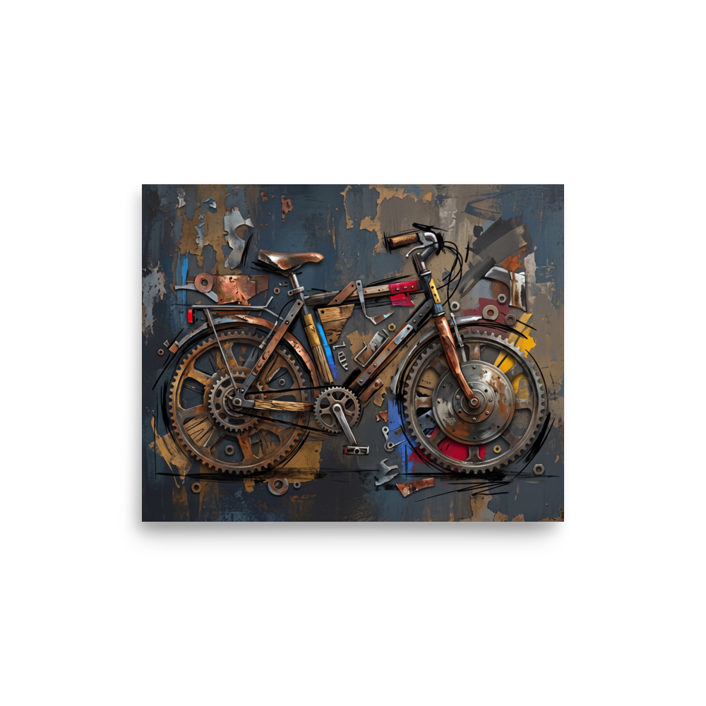 An assemblage and industrial painting of a bicycle built from layered gears, cogs, and wood planks against a distressed slate grey wall, perfect for a man cave or office. A Dau-al-Set art print titled 'Mechanical Cadence'.
