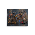 An assemblage and industrial painting of a bicycle built from layered gears, cogs, and wood planks against a distressed slate grey wall, perfect for a man cave or office. A Dau-al-Set art print titled 'Mechanical Cadence'.