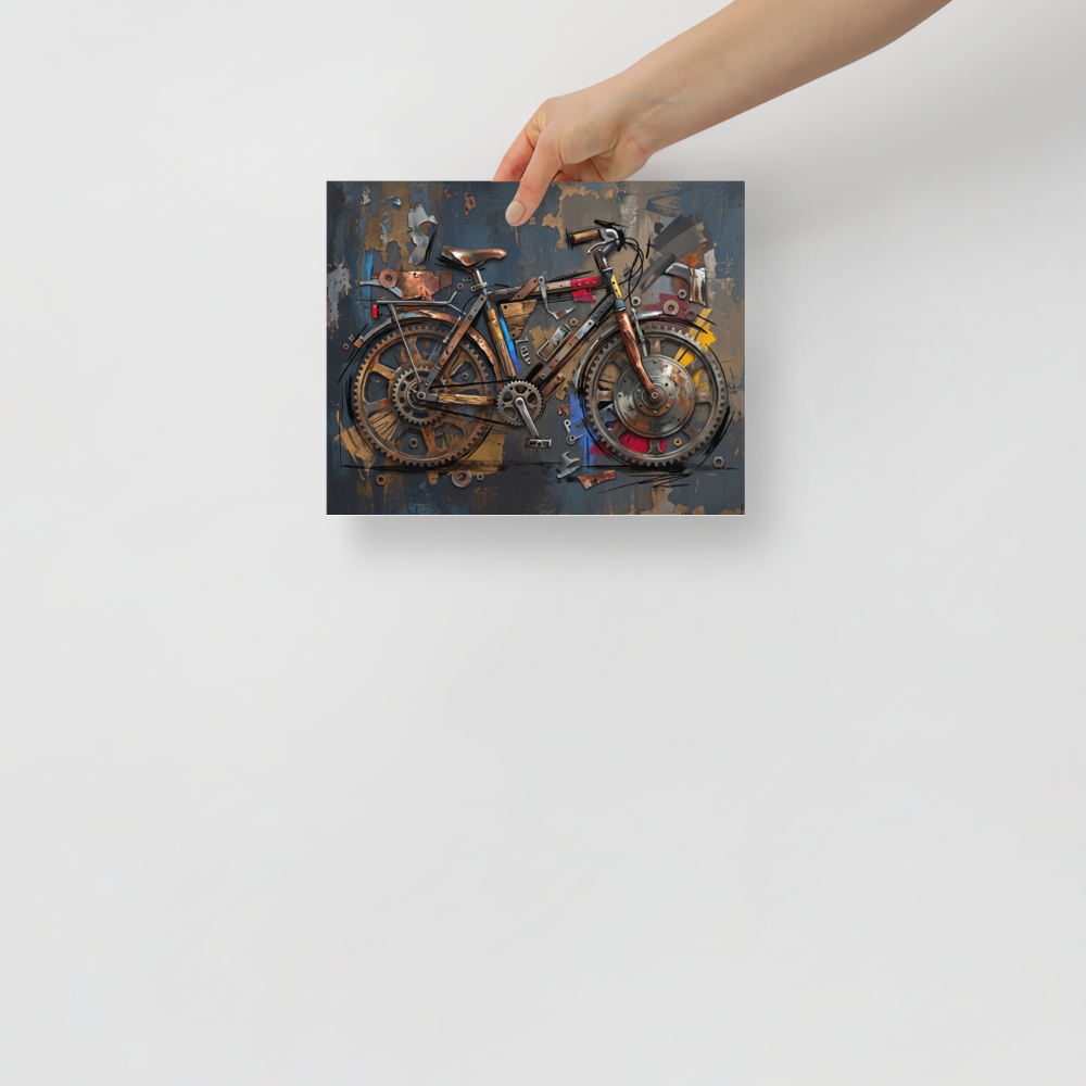 An assemblage and industrial painting of a bicycle built from layered gears, cogs, and wood planks against a distressed slate grey wall, perfect for a man cave or office. A Dau-al-Set art print titled 'Mechanical Cadence'.