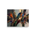 A striking luxury abstract composition of golden ribbons, dark green brushstrokes, and metallic fragments, perfect for elevating a boardroom or living room. A Abstract expressionism print with a impasto look, titled 'Golden Trajectory and Flow'.