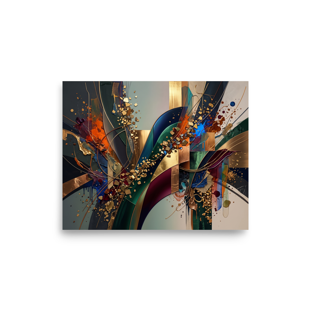 A striking luxury abstract composition of golden ribbons, dark green brushstrokes, and metallic fragments, perfect for elevating a boardroom or living room. A Abstract expressionism print with a impasto look, titled 'Golden Trajectory and Flow'.