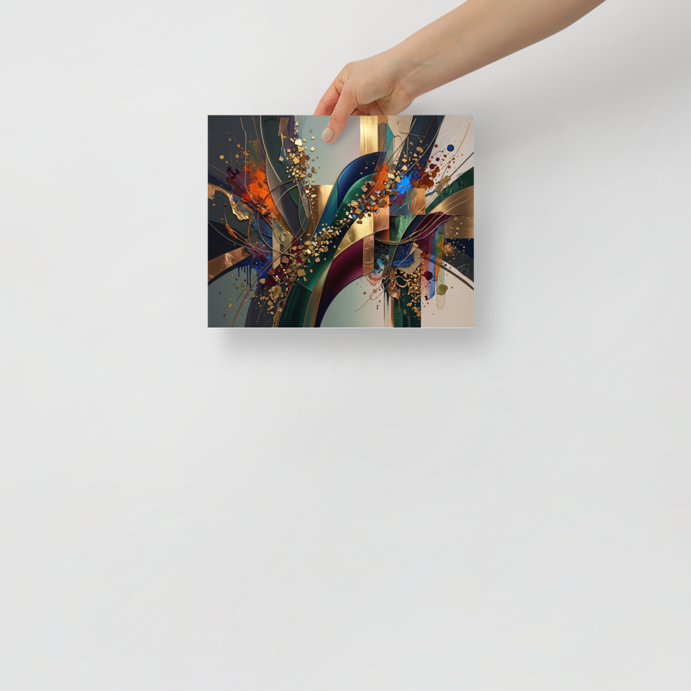 'Golden Trajectory and Flow'. A striking luxury abstract composition of golden ribbons, dark green brushstrokes, and metallic fragments, perfect for elevating a boardroom or living room. Offered as a Abstract expressionism print.