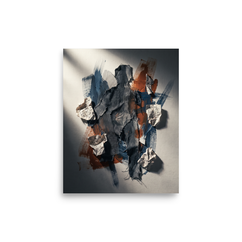 Tactile mixed media collage with torn denim and handwritten letters forming a silhouette, ideal for Office decor. A Assemblage print in steel blue and sienna, 'Fragments of Memory Silhouette'.
