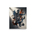 Tactile mixed media collage with torn denim and handwritten letters forming a silhouette, ideal for Office decor. A Assemblage print in steel blue and sienna, 'Fragments of Memory Silhouette'.