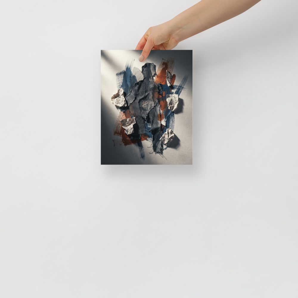 Tactile mixed media collage with torn denim and handwritten letters forming a silhouette, ideal for Office decor. A Assemblage print with a working in layers look, titled 'Fragments of Memory Silhouette'.