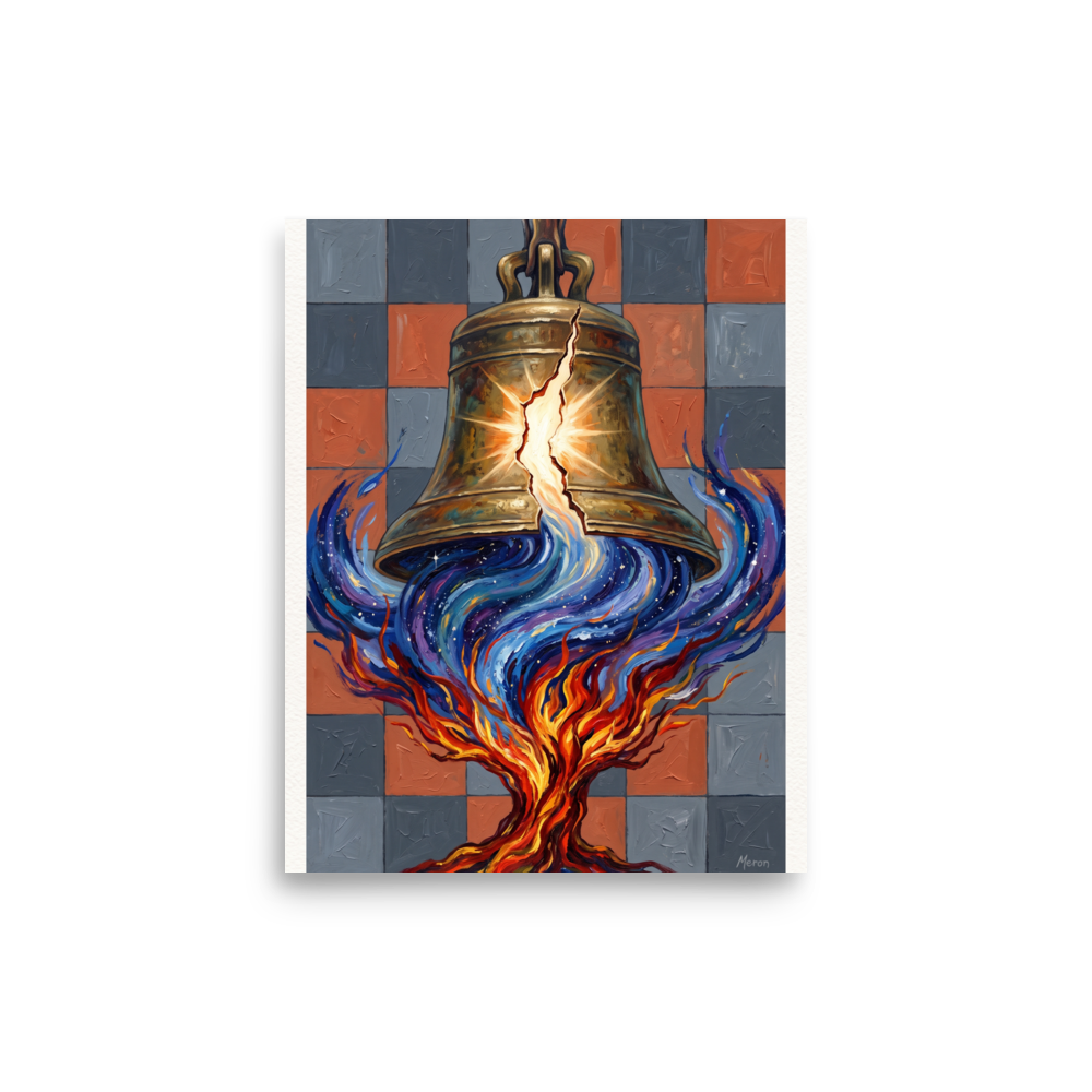 'Resonance of the Fractured Bell'. A powerful symbolic art print featuring a cracked bronze bell pouring cosmic starlight into flames against a checkered wall for an office or study. Offered as a Symbolism print.