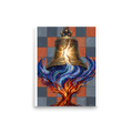 'Resonance of the Fractured Bell'. A powerful symbolic art print featuring a cracked bronze bell pouring cosmic starlight into flames against a checkered wall for an office or study. Offered as a Symbolism print.