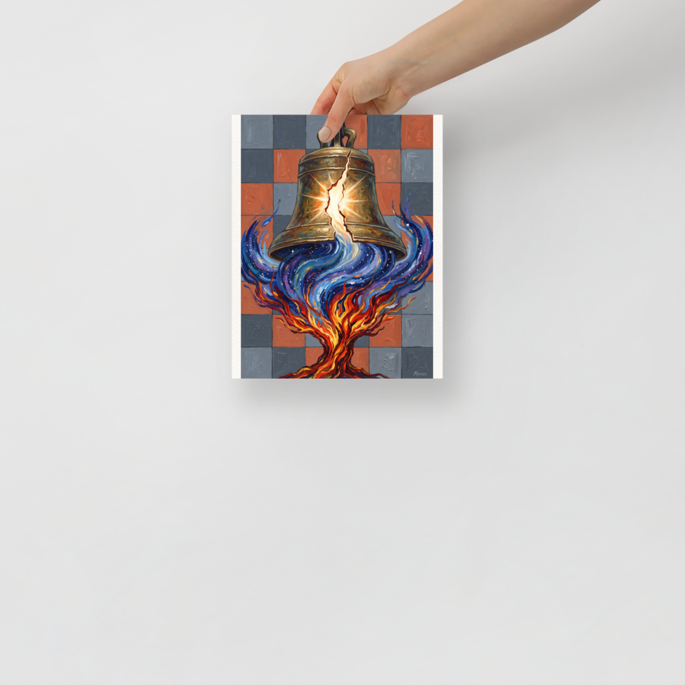 A powerful symbolic art print featuring a cracked bronze bell pouring cosmic starlight into flames against a checkered wall for an office or study. A Symbolism print in gold and blue, 'Resonance of the Fractured Bell'.