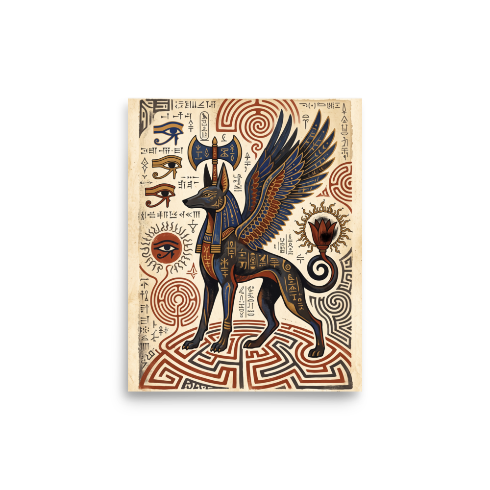 Symbolism wall art, 'Guardian of the Labyrinth'. An Egyptian mythological art print featuring a winged jackal guardian with Eye of Horus symbols on papyrus parchment for a library or office.