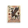 Symbolism wall art, 'Guardian of the Labyrinth'. An Egyptian mythological art print featuring a winged jackal guardian with Eye of Horus symbols on papyrus parchment for a library or office.