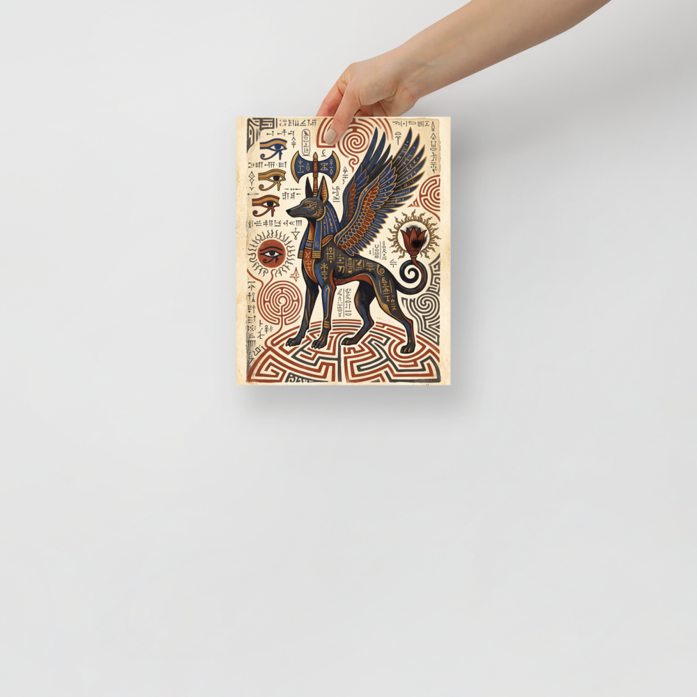 'Guardian of the Labyrinth'. An Egyptian mythological art print featuring a winged jackal guardian with Eye of Horus symbols on papyrus parchment for a library or office. Offered as a Symbolism print.