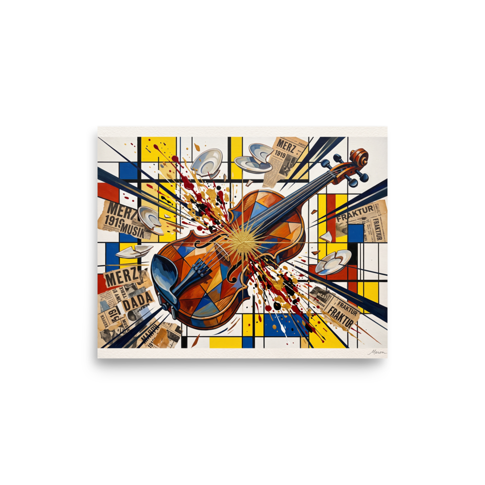 'Merz Violinkonzert', Dada wall art in yellow and gold. Avant-garde Dada collage print showing an exploding violin with golden paint splatters over a Mondrian grid, ideal for an office wall.