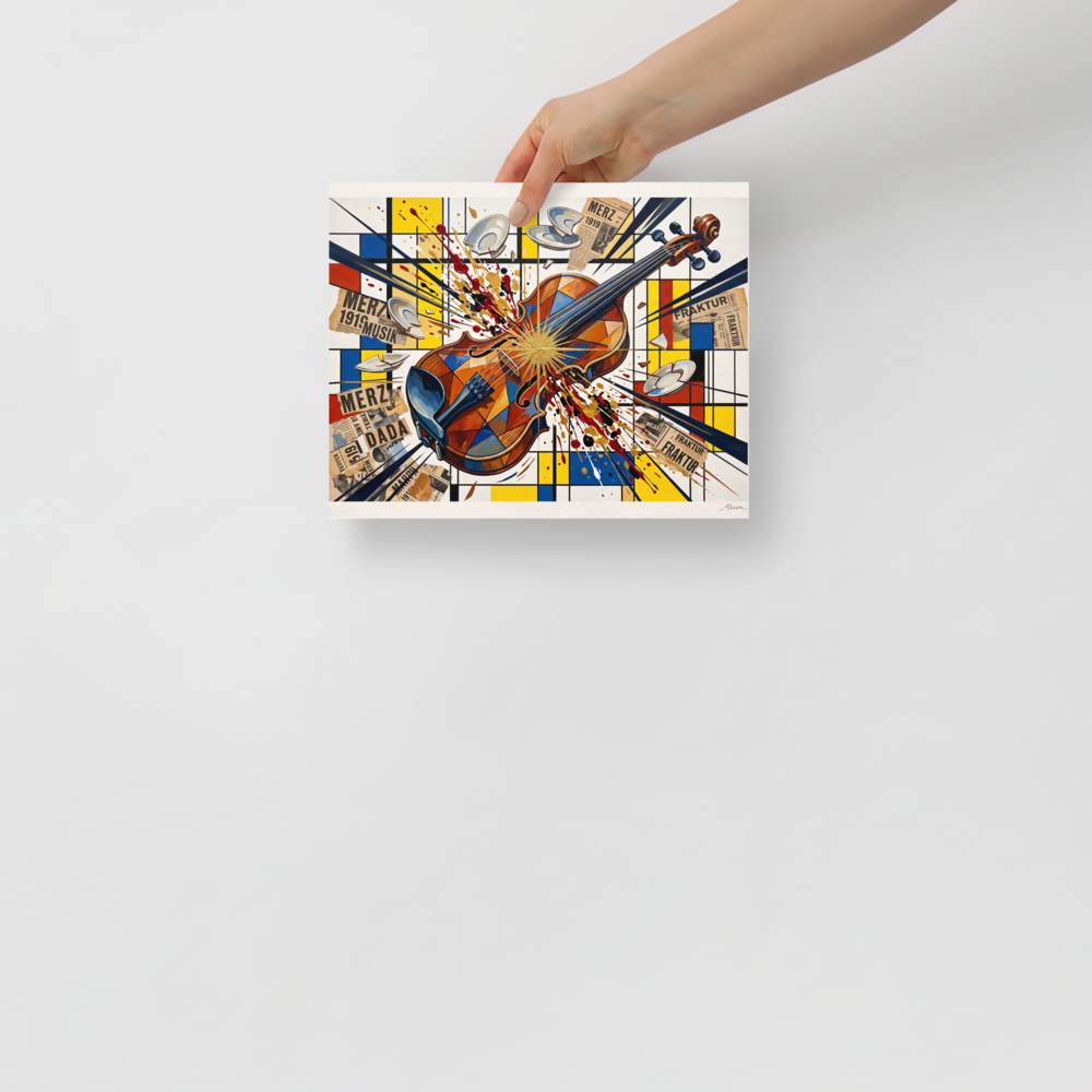 'Merz Violinkonzert', part of Meron's Dada wall art. Avant-garde Dada collage print showing an exploding violin with golden paint splatters over a Mondrian grid, ideal for an office wall.