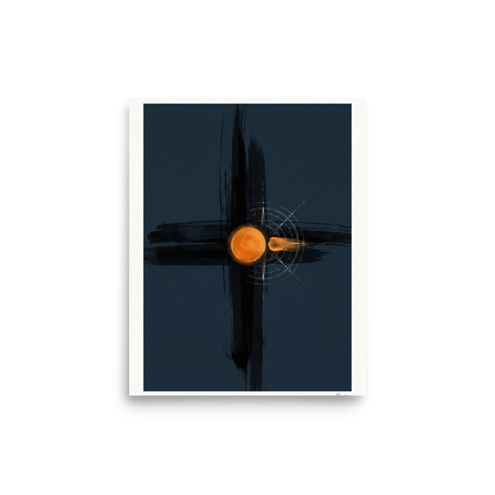 A glowing orange celestial orb with fine white compass rose markings centered on dark cross brushstrokes in an office wall art composition. 'Celestial Navigation', a Abstract art print for the wall.