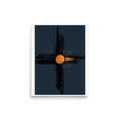 A glowing orange celestial orb with fine white compass rose markings centered on dark cross brushstrokes in an office wall art composition. 'Celestial Navigation', a Abstract art print for the wall.