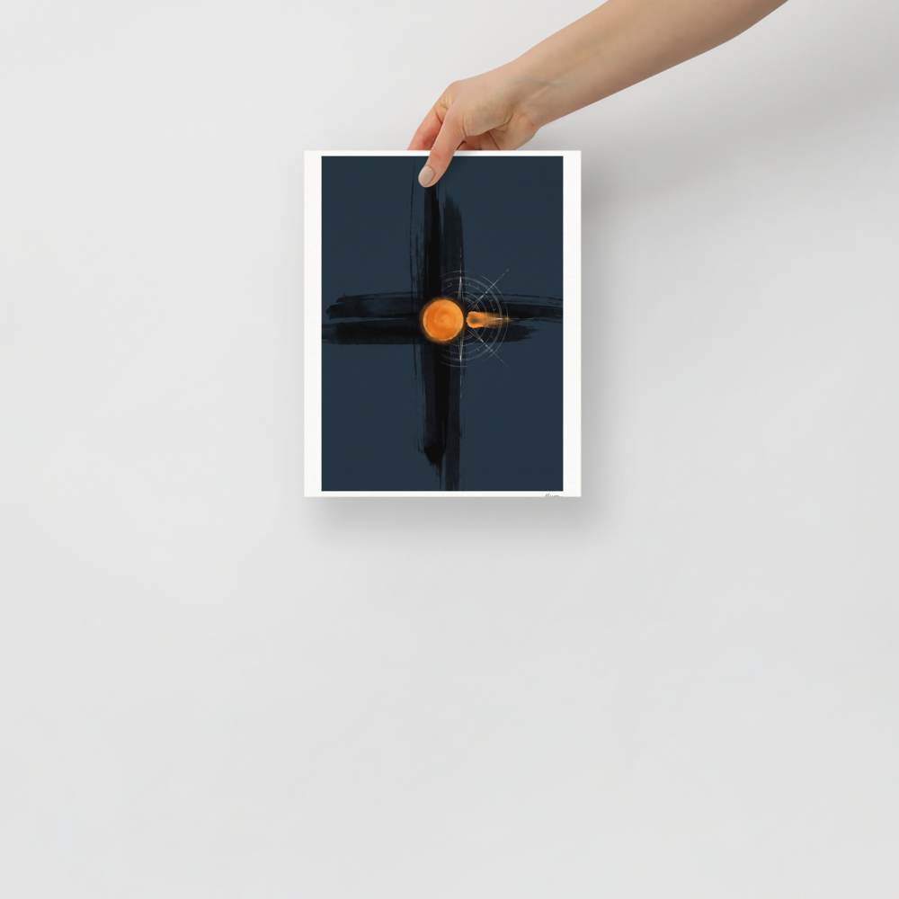 A glowing orange celestial orb with fine white compass rose markings centered on dark cross brushstrokes in an office wall art composition. A mystical / mysterious piece titled 'Celestial Navigation'.