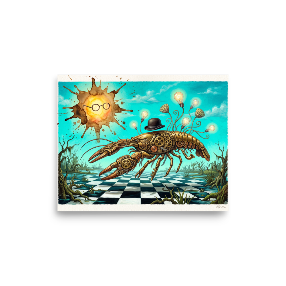 Surrealism wall art, 'The Clockwork Lobster'. Steampunk mechanical lobster painting with lightbulb tendrils displayed in a man cave.