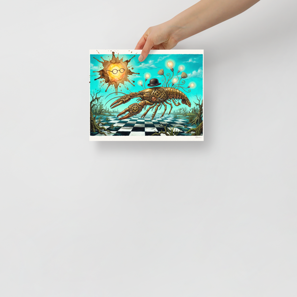 Fine art print 'The Clockwork Lobster' in a Surrealism style. Steampunk mechanical lobster painting with lightbulb tendrils displayed in a man cave.