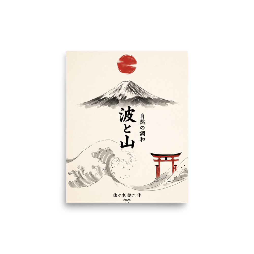 An ink wash Mount Fuji rises above a cresting wave, vertical Japanese calligraphy, and a red torii gate, ideal for a serene living room. A calmness piece titled 'Wave and Mountain'.