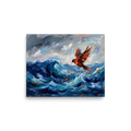 An expressionist oil painting of a bright orange bird dropping small stones into a dramatic, stormy blue ocean, ideal for an inspiring home office. A Expressionism print with a oil painting look, titled 'Jingwei Fills the Sea'.