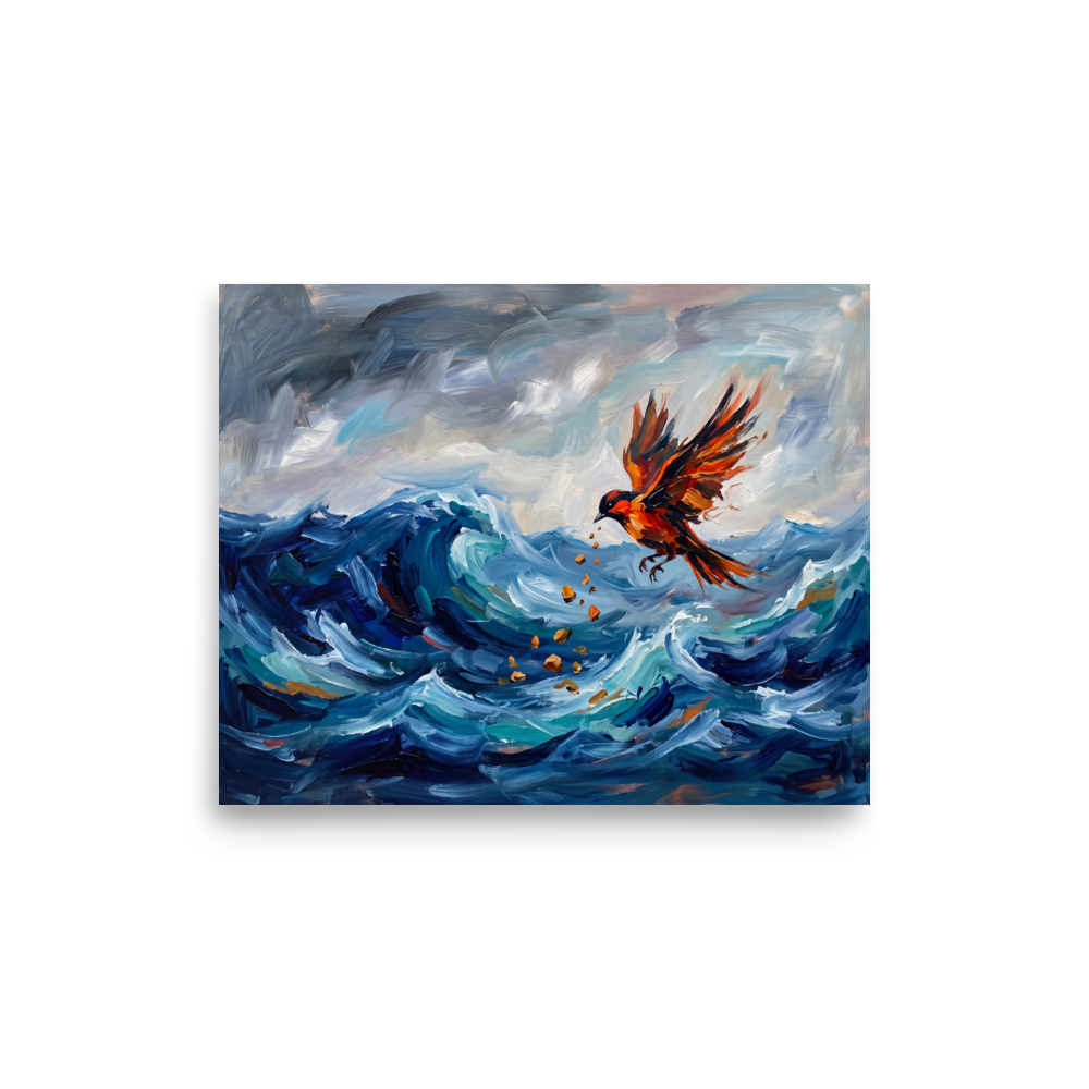 An expressionist oil painting of a bright orange bird dropping small stones into a dramatic, stormy blue ocean, ideal for an inspiring home office. A Expressionism print with a oil painting look, titled 'Jingwei Fills the Sea'.