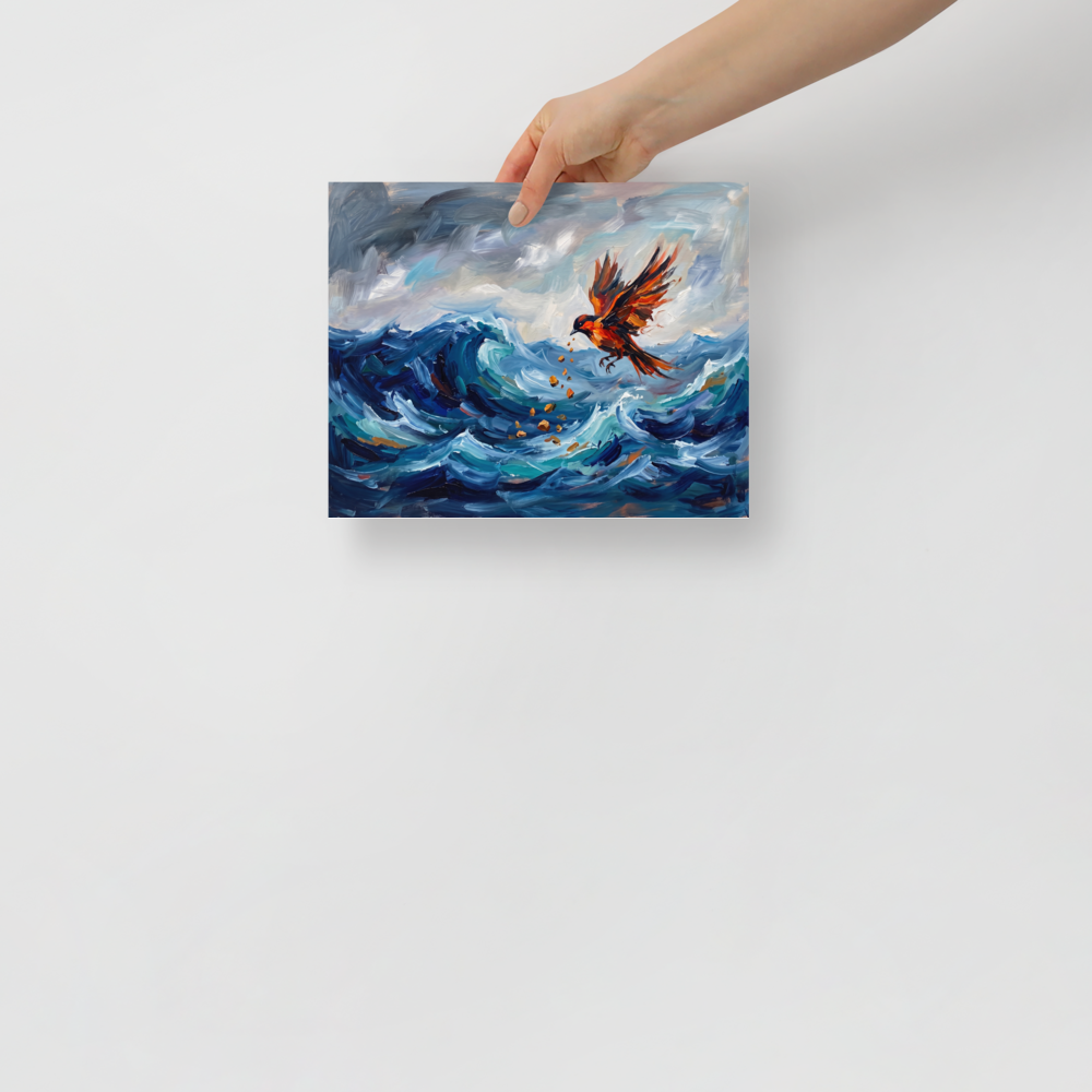 An expressionist oil painting of a bright orange bird dropping small stones into a dramatic, stormy blue ocean, ideal for an inspiring home office. A Expressionism art print titled 'Jingwei Fills the Sea'.