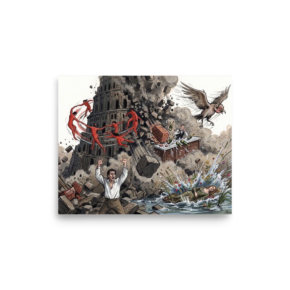 'Collapse of Babel', Pop art wall art in gray and red. A chaotic pop art illustration of the Tower of Babel collapsing as Matisse's red dancers swirl overhead and Goya's figure reacts below, perfect for a living room.