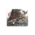'Collapse of Babel', Pop art wall art in gray and red. A chaotic pop art illustration of the Tower of Babel collapsing as Matisse's red dancers swirl overhead and Goya's figure reacts below, perfect for a living room.