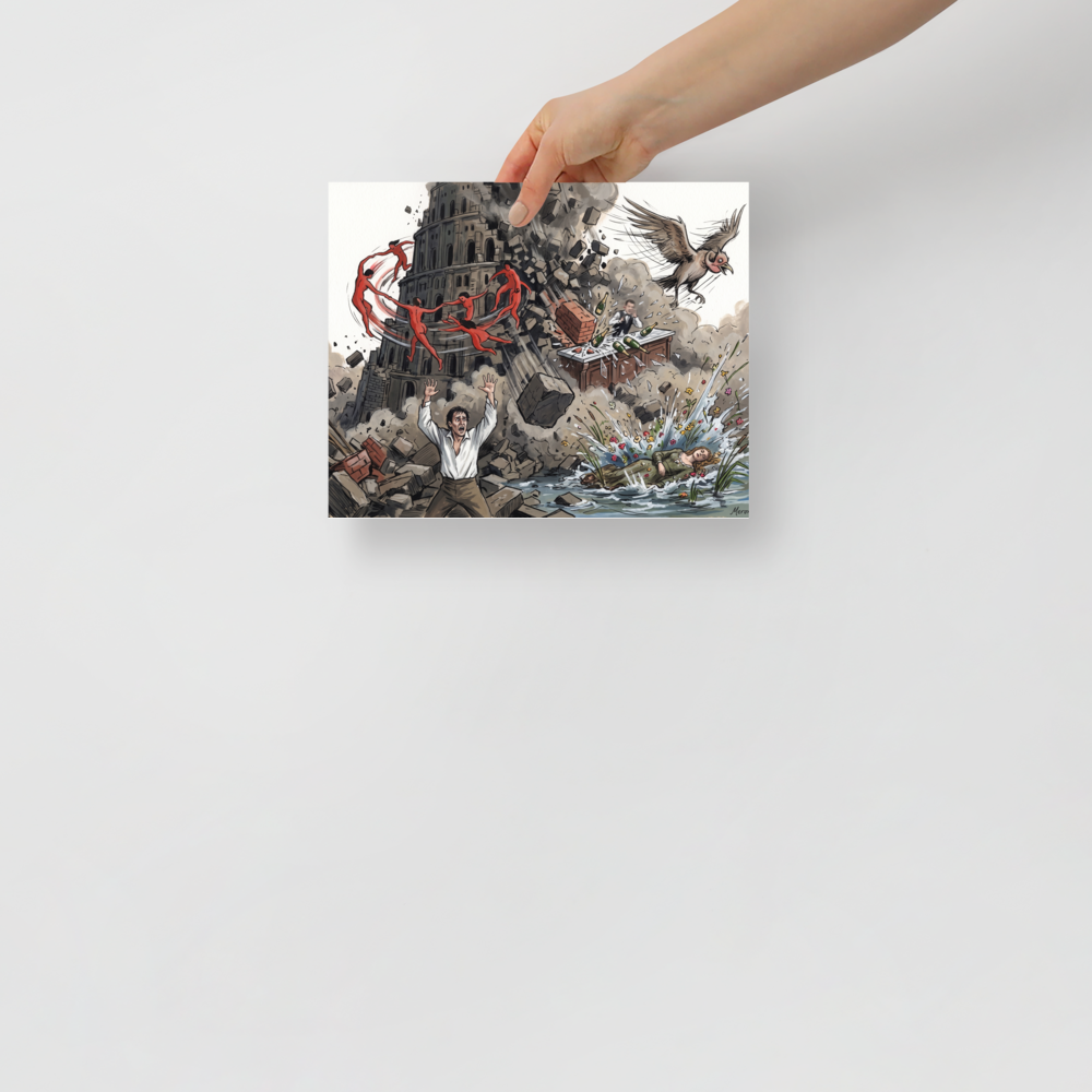 Pop art wall art, 'Collapse of Babel'. A chaotic pop art illustration of the Tower of Babel collapsing as Matisse's red dancers swirl overhead and Goya's figure reacts below, perfect for a living room.