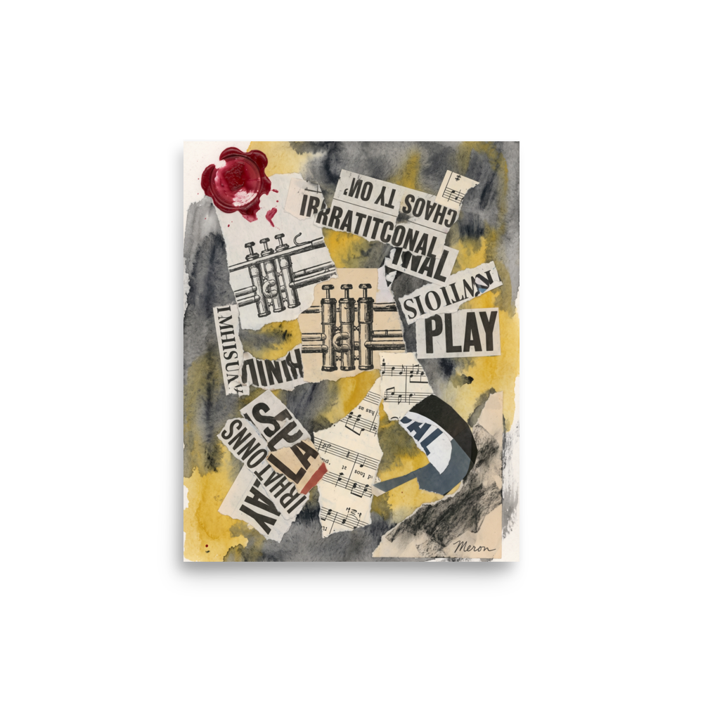 Dadaist paper collage featuring vintage trumpet schematics, sheet music, bold newsprint text, and a red wax seal in a music studio. A Dada print with a papier collé look, titled 'Irrational Cadence'.