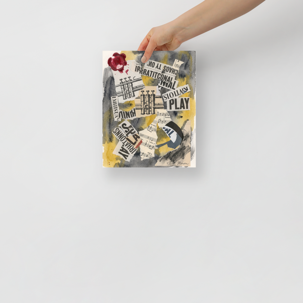 The Dada print 'Irrational Cadence'. Dadaist paper collage featuring vintage trumpet schematics, sheet music, bold newsprint text, and a red wax seal in a music studio.