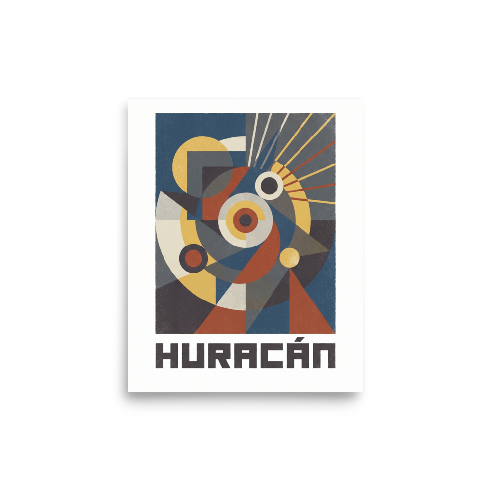 'Huracán Geometric Poster' by Meron. A geometric Bauhaus poster featuring abstract shapes and the word HURACÁN in an Office wall art setting. A Bauhaus wall art print.